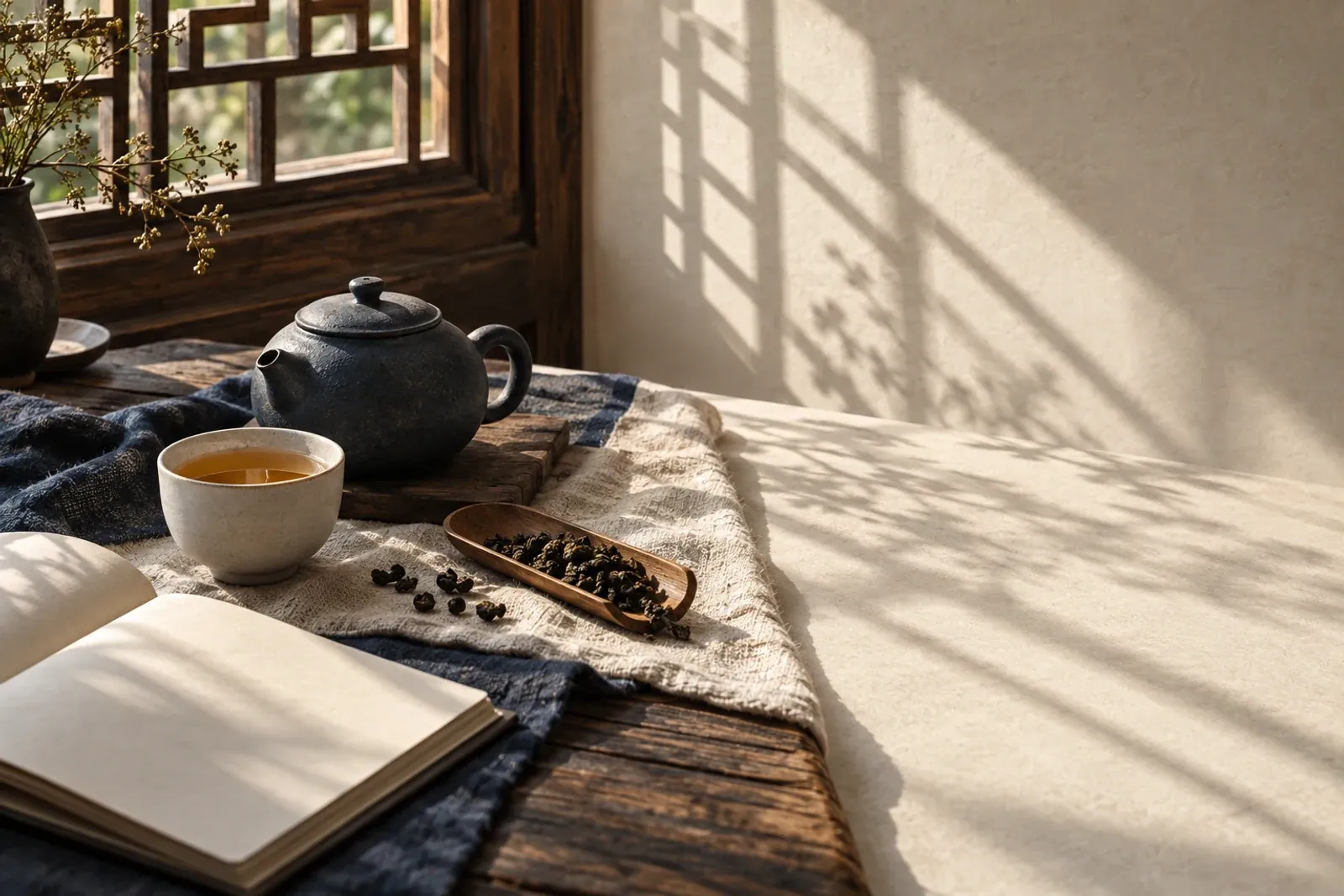 Illustrative tea scene by a window with afternoon light and patterned shadows